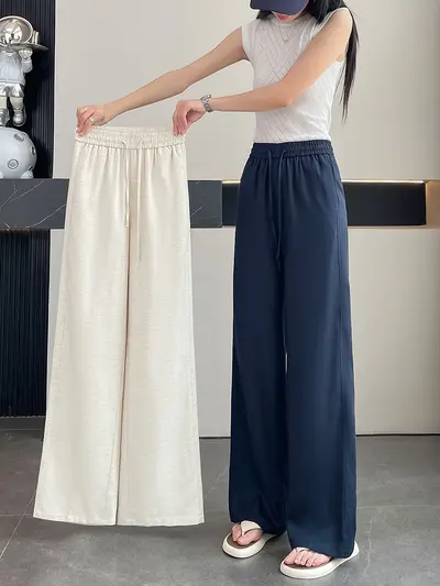 Damen-Leinenhose im Fischgrätmuster, weites Bein, hoher Bund, Sommer