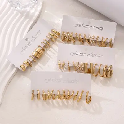 欧美C形金属纹理高级感个性耳圈女复古麻花耳环套装6件套earrings