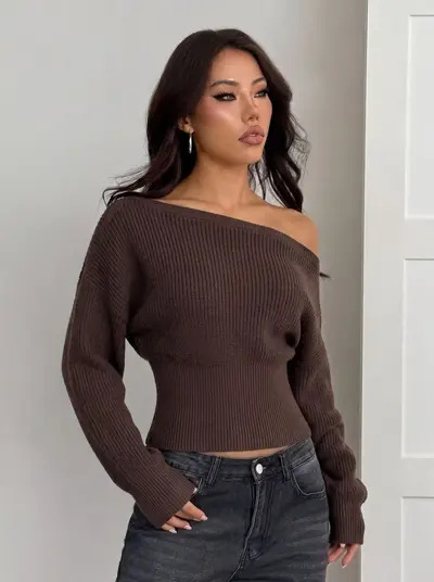 Seksi Tek Yaka Omuz Açık Uzun Kollu Örme Kazak Kadın