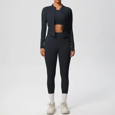 Solid Color Brushed Tight Fitness Jacket Three-Piece Set for Women - 8