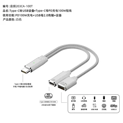 Type-C 1-to-2 Fast Charging Audio Cable, Headphone Adapter - 12
