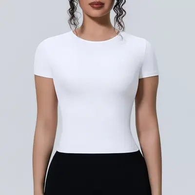 Grenzüberschreitender neuer Sports-T-Shirt mit nacktem Gefühl, Taillenraffinierung, figurbetonter Kurzarm, atmungsaktive Yoga-Trainingsober- und Lauftraining-Fitnessshirt für Damen