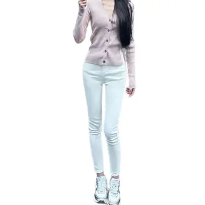Kadın Yüksek Bel Beyaz Dar Paça Skinny Kot Pantolon, Esnek