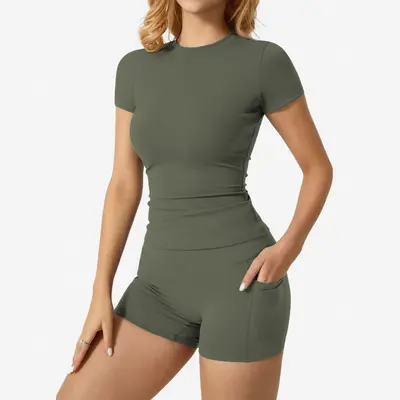 Women's Yoga Set 15 Colors, Nylon Double-Sided Brushed, Pocket Top and Shorts - 12