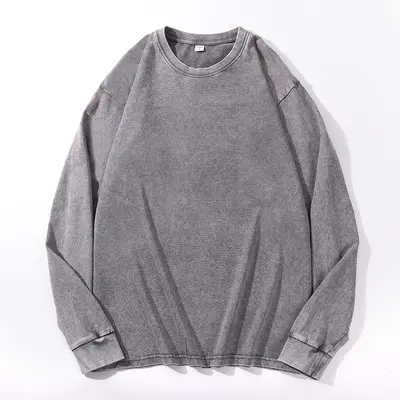 Pure Cotton Washed Long-Sleeve T-Shirt, Drawstring, Oversized Retro Fit - 7