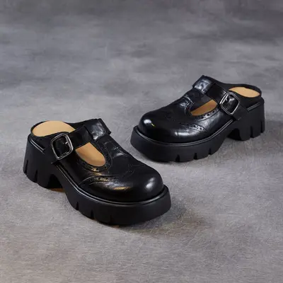 2026 Yeni Sezon Hakiki Deri Brogue Kadın Terliği, Kalın Taban, Birkenstock Tarzı - 5