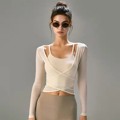 专业瑜伽服女套装长袖收腰显瘦运动健身两件套高级感普拉提带胸垫 - 2