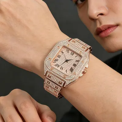 Herren-Quarzuhr mit quadratischem Zifferblatt und Strass