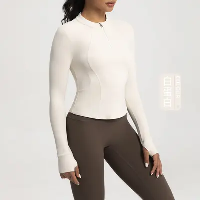 Damen-Yoga-Oberteil Stehkragen Reißverschluss Langarm-T-Shirt