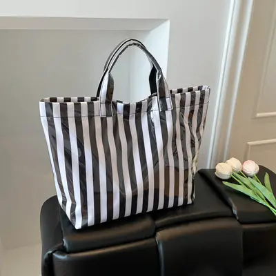 PVC Striped Large Capacity Women's Tote Bag, Waterproof, Portable Single Shoulder - 7