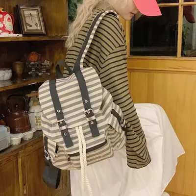 Women's Retro Striped Backpack, Large Capacity, Casual Daypack and Schoolbag - 3