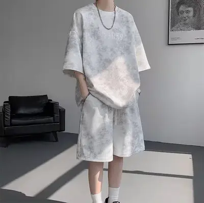 Retro Batik Kısa Kollu Erkek Takım Elbise, Bol Kesim Yazlık Amerikan Sokak Modası