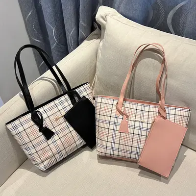 Plaid Print Tote Bag Set, 2 Pieces, Single Shoulder Strap - 3
