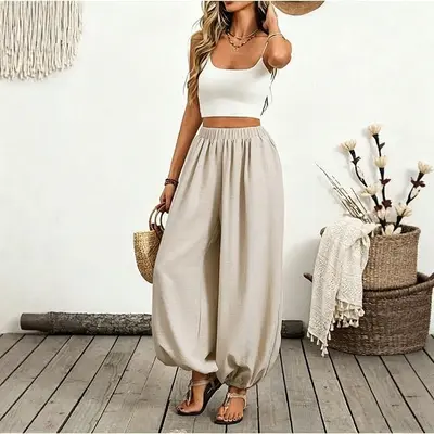 Beach Style High-Waist Pocket Comfortable Lantern Women's Long Pants - 8
