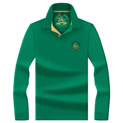 Men's 100% Mercerized Cotton Polo Shirt, Embroidered Small Horse Logo, Long-Sleeve - 11