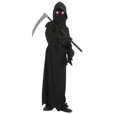 Halloween Children's Red-Eye Grim Reaper Costume with Scythe, Dark Messenger Ghost Cosplay Outfit Set, Stage Costume
