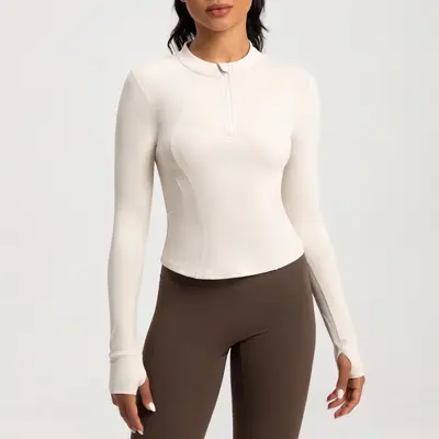 Damen-Yoga-Oberteil Stehkragen Reißverschluss Langarm-T-Shirt