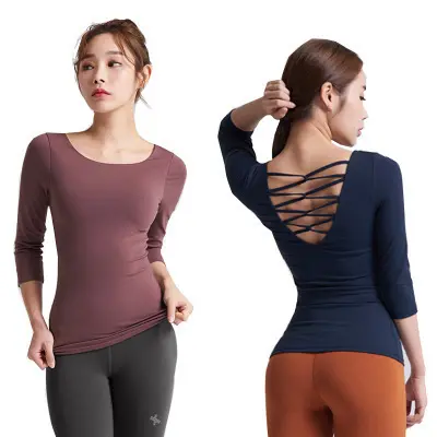 瑜伽服女秋冬长袖运动上衣紧身美背修身显瘦无钢圈健身服一件代发