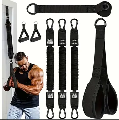 Ev tipi fitness direnç bandı seti, kulplu, kapı çapası, triceps halatı - 9