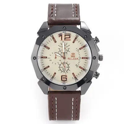 Men's quartz watch with leather strap, large dial, Korean style - 10
