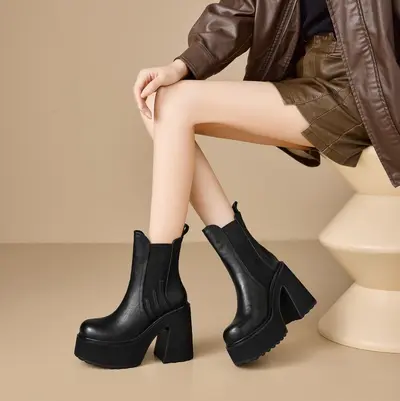 12cm High Heel Women's Short Boots, Winter Style with Chunky Heel