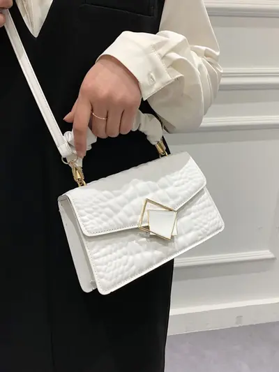 Women's Pleated Shoulder Bag, Solid Color, Stone Pattern Small Square - 4
