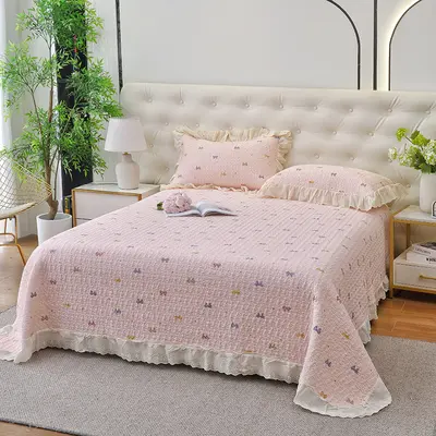 Fransız retro çiçekli %100 pamuk yatak örtüsü takımı, 3 parça, dantelli