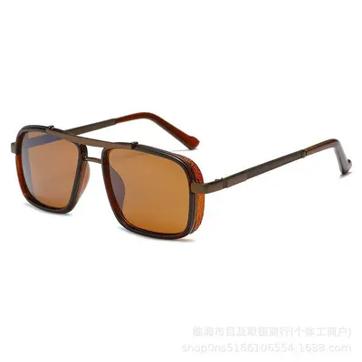 Retro Thick Square Frame Metal Punk Men's Sunglasses, Double Bridge - 10