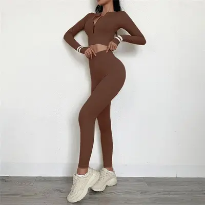 Kadın pilates yoga seti, fermuar, uzun kollu, tayt, profesyonel fitness - 9