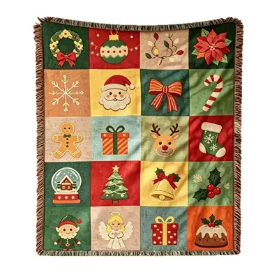 Vintage Christmas Patchwork Tassel Tapestry American Country Christmas Blanket Sofa Throw Christmas Holiday Decorative Blanket Tapestry