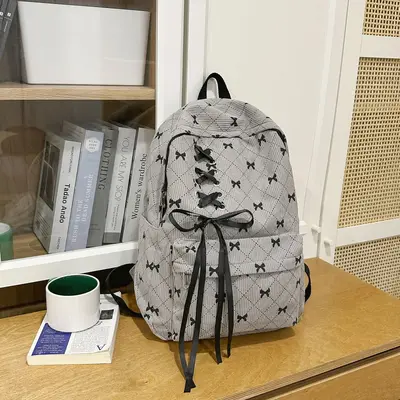 Corduroy Bow Backpack for Women and Students - 9