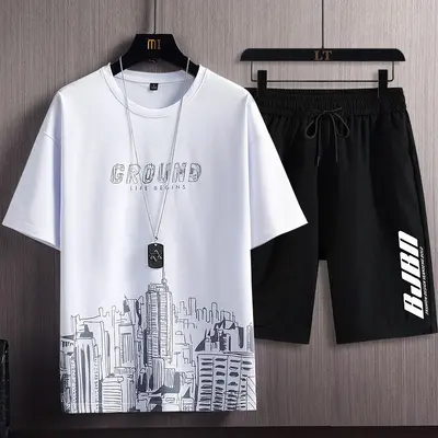 Kısa kollu tişört takım elbise erkek yaz yeni kar dağ baskı moda moda Kore tarzı ince büyük boy spor iki parçalı set - 10