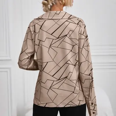 Women's Loose Line Print V-Neck Long Sleeve Shirt
