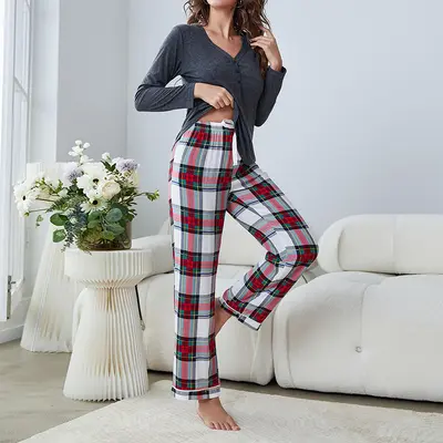Пижамы Amazon Home Export для женщин с длинным рукавом в клетку, комплект домашней одежды на осень и зиму, трансграничная торговля, независимый сайт, eBay, одежда для выхода на улицу