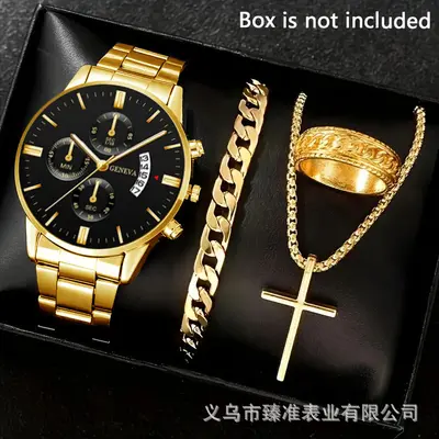 Men's watch set, black gold steel band with cross pendant - 2