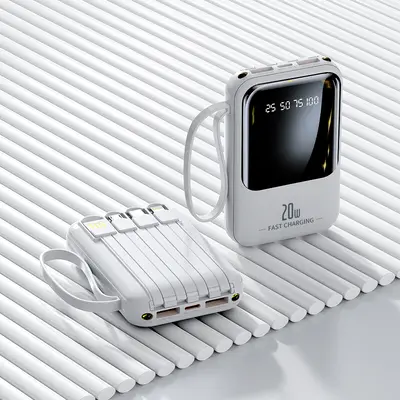 Cross-border Wholesale Power Bank 20000mAh Large Capacity Portable Mobile Charger with Built-in Cable Custom Logo