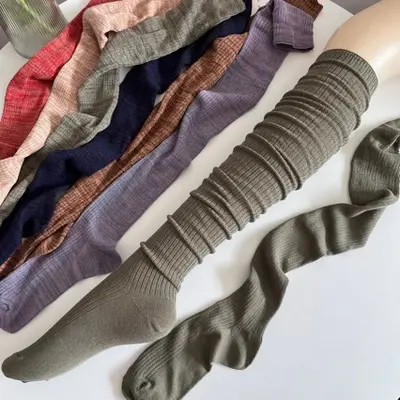 Retro Gri Yeşil Diz Üstü Çorap, Kadın İnce Bahar Sonbahar Modeli, Mor Çizgili