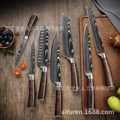 Damascus Pattern Stainless Steel Kitchen Knife Set with Chef and Santoku Knives