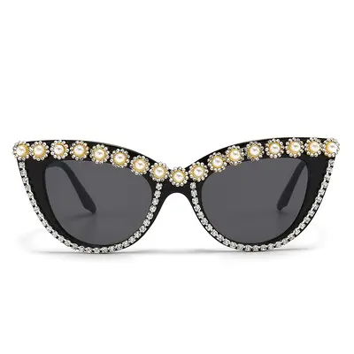 Katzenaugen-Sonnenbrille mit Strasssteinen, Blumenmuster, Flachglas - 4