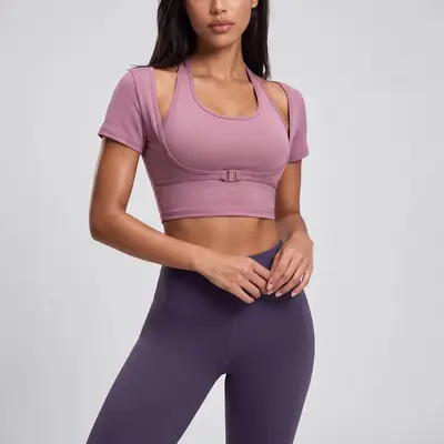 Boyun Askılı Kadın Yoga Seti, Dar Kesim Kısa Kollu Spor Üst ve Fitness Kıyafeti - 7