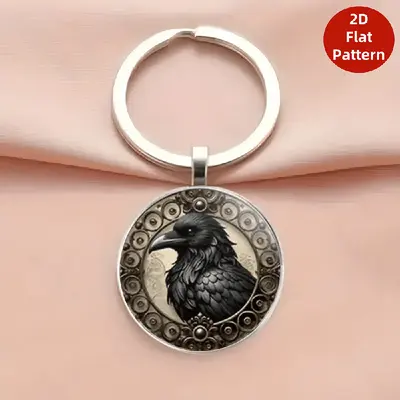 Gothic Dark Crow Pattern Alloy Round Keychain Pendant - 13