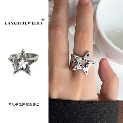 Five-pointed star 925 silver ring, hip-hop design