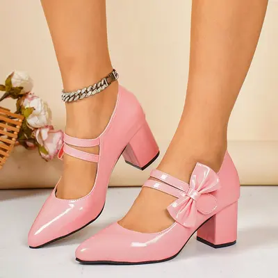 Women's Chunky Heel Pointed Toe Pumps in Plus Sizes, Bow Detail, Lightweight - 8