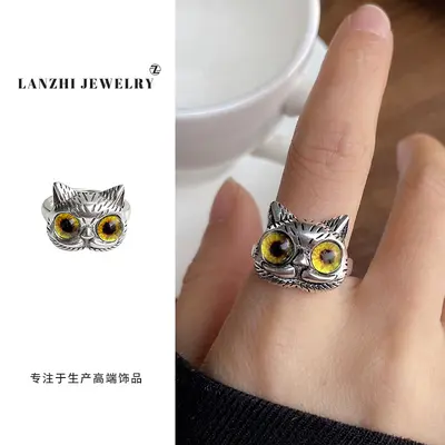Lanzhi Tay sterling silver jewelry non-fading, personalized niche cat animal accessible luxury open sign finger ring 925 sterling silver ring - 9