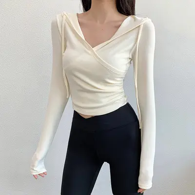 Sport-Kapuzenshirt mit V-Ausschnitt, Yoga-Langarmoberteil - 9