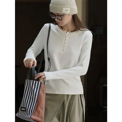 Women's Slim-Fit Round Neck Half-Zip T-Shirt, Autumn Korean-Style Top - 7