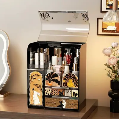Desktop-Aufbewahrungsbox mit großem Fassungsvermögen, Schubladendesign, eleganter Look, Vintage-Stil, Make-up-Tisch, Kosmetik- und Hautpflege-Organizer