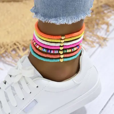Europe and America Cross-Border Fashion Versatile Mixed-Color Peach Heart Soft Clay Elastic Anklet Simple Multi-Layer Stackable Shoe and Boot Accessories for Men and Women