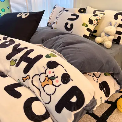 Grade A Milk Fleece Four-Piece Set Thickened Coral Fleece Double-Sided Flannel Quilted Duvet Cover Bed Sheet Fitted Sheet Three-Piece Bedding Set - 10