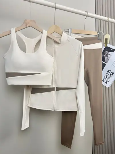 经典瑜伽服三件套女春夏健身背心晨跑普拉提运动高弹套装速干 - 7